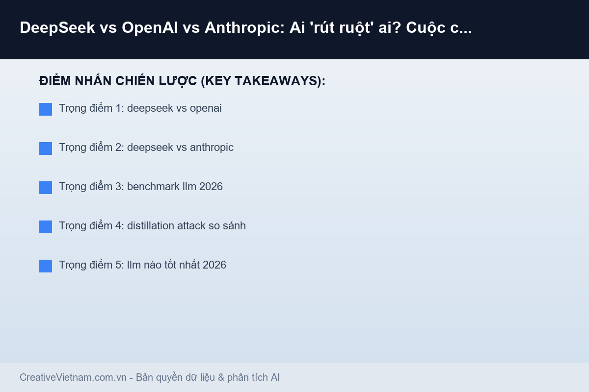 Infographic - DeepSeek vs OpenAI vs Anthropic: Ai 'rút ruột' ai? Cuộc chiến distillation 2026 DeepSeek vs OpenAI vs Anthropic: Ai 'rút ruột' ai? Cuộc chiến distillation 2026 - Infographic & Key Takeaways