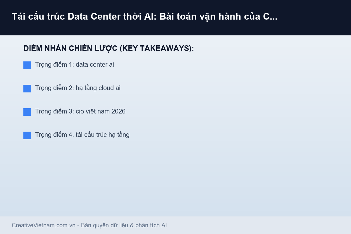 Infographic - Tái cấu trúc Data Center thời AI: Bài toán vận hành của CIO Việt 2026 Tái cấu trúc Data Center thời AI: Bài toán vận hành của CIO Việt 2026 - Infographic & Key Takeaways