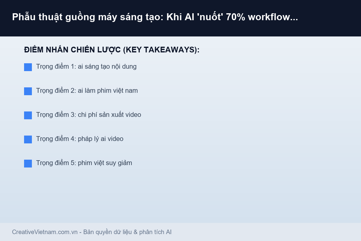 Infographic - Phẫu thuật guồng máy sáng tạo: Khi AI 'nuốt' 70% workflow làm phim Việt, ai còn đứng trên phim trường? Phẫu thuật guồng máy sáng tạo: Khi AI 'nuốt' 70% workflow làm phim Việt, ai còn đứng trên phim trường? - Infographic & Key Takeaways